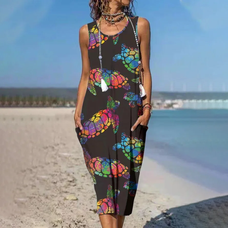 Colorful Turtles Printed Casual Sleeveless Dress
