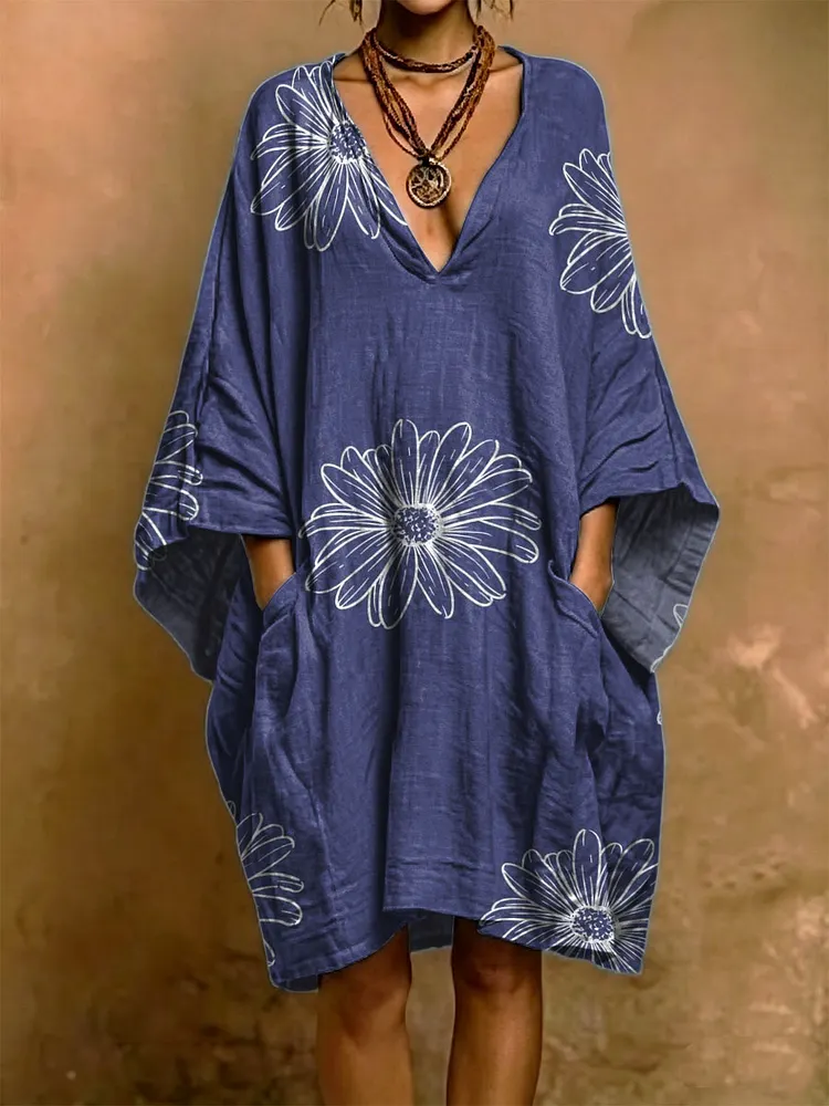 Artistic Floral Decorative Patterns Woman&lsquo;s Short Sleeve Cotton Linen Dress
