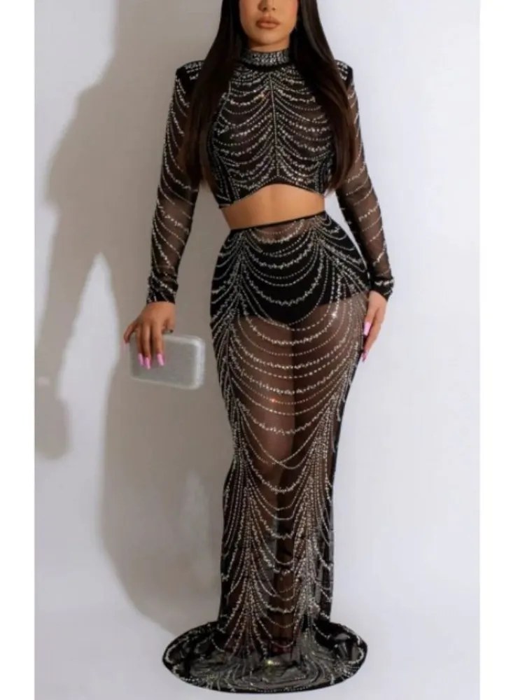 Maxi Skirt And Crop Top Set Hannah Glitter Lace Rhinestone Feathers Burgundy main image 1
