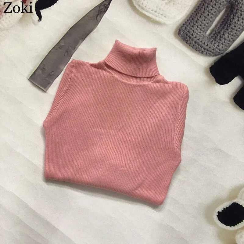 Zoki Soft Women Turtleneck Sweater Autumn Long Sleeve Elastic Female Knitted Jumper Casual Pullover Slim Winter Basic Tops 2021