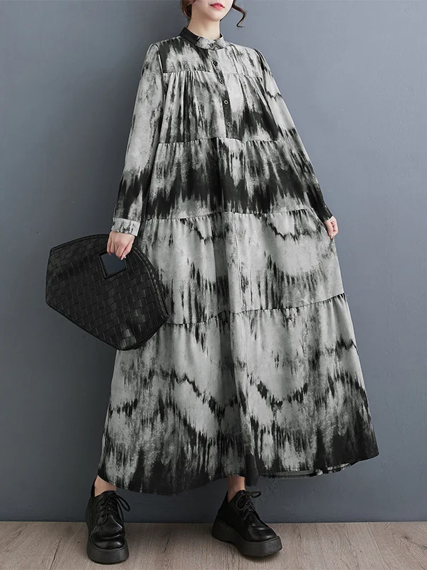 Tie-dyed Split-Joint Pleated Loose Long Sleeves Stand Collar Midi Dresses