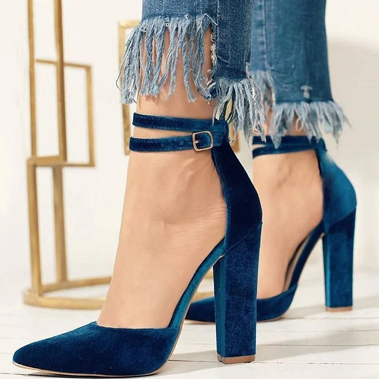 Navy Velvet Pointy Toe Double Ankle Strap Chunky Heel Pumps Shoes |FSJ Shoes