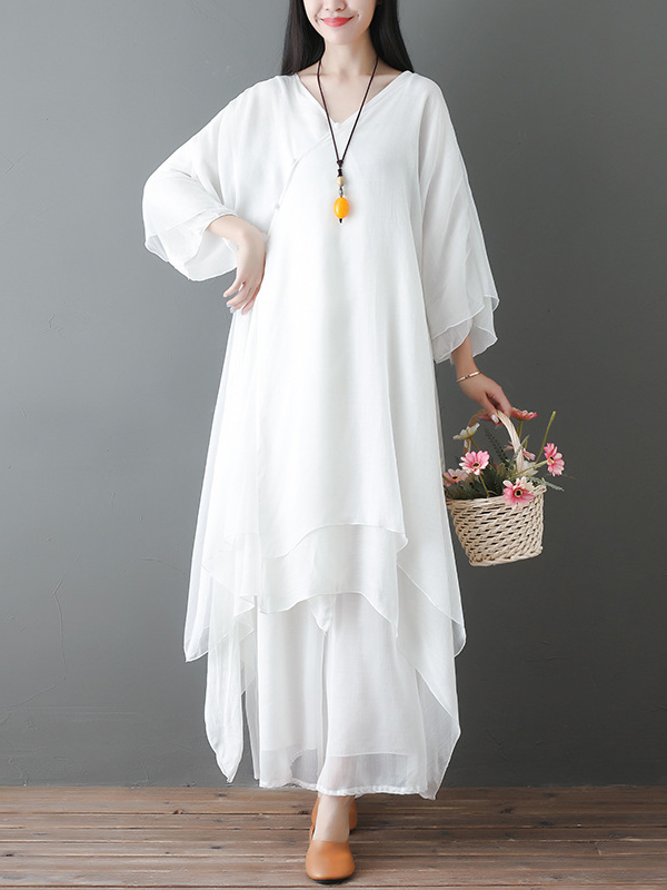 V Neck Irregular Hem Solid Color Loose Maxi Dress