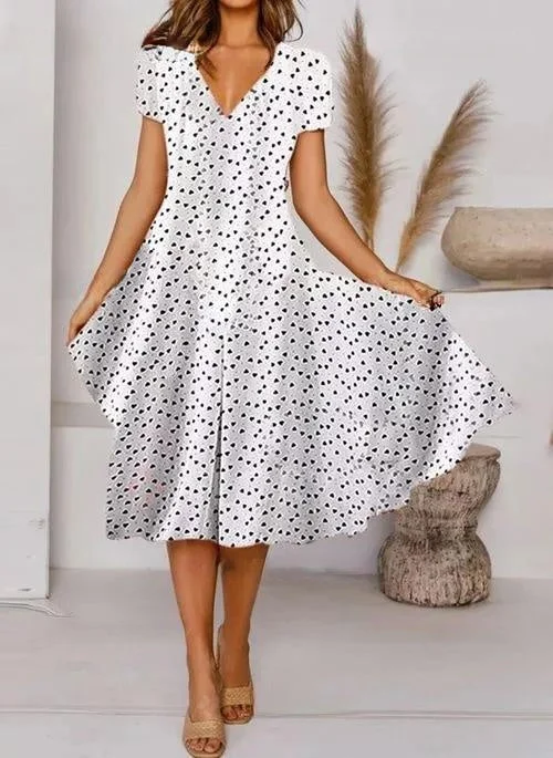 Casual short-sleeved V-neck round dim sum print dress