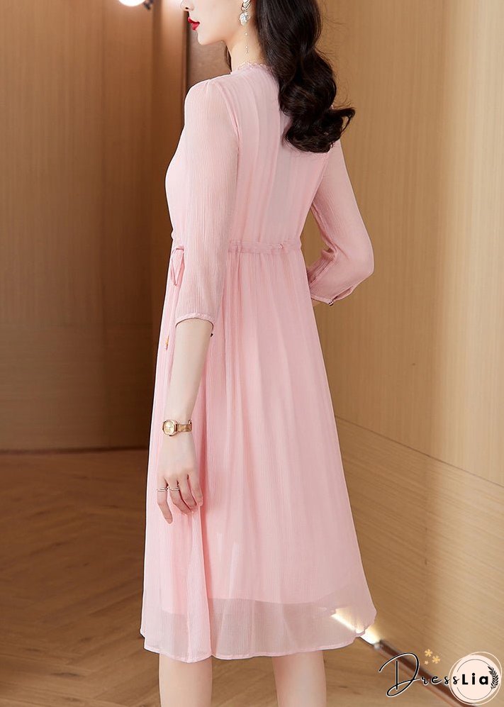 Style Pink V Neck Drawstring Chiffon Mid Dresses Summer