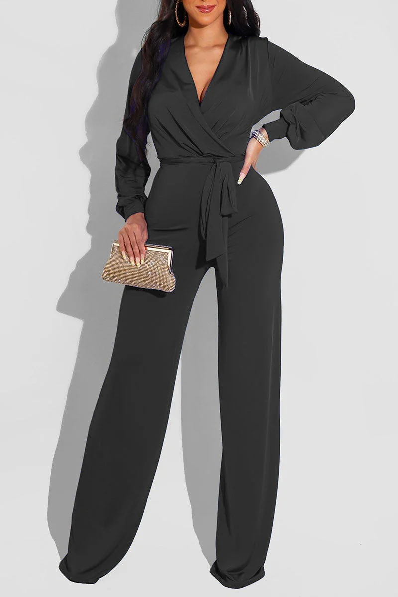 Casual Solid Bandage Split Joint V Neck Straight Jumpsuits