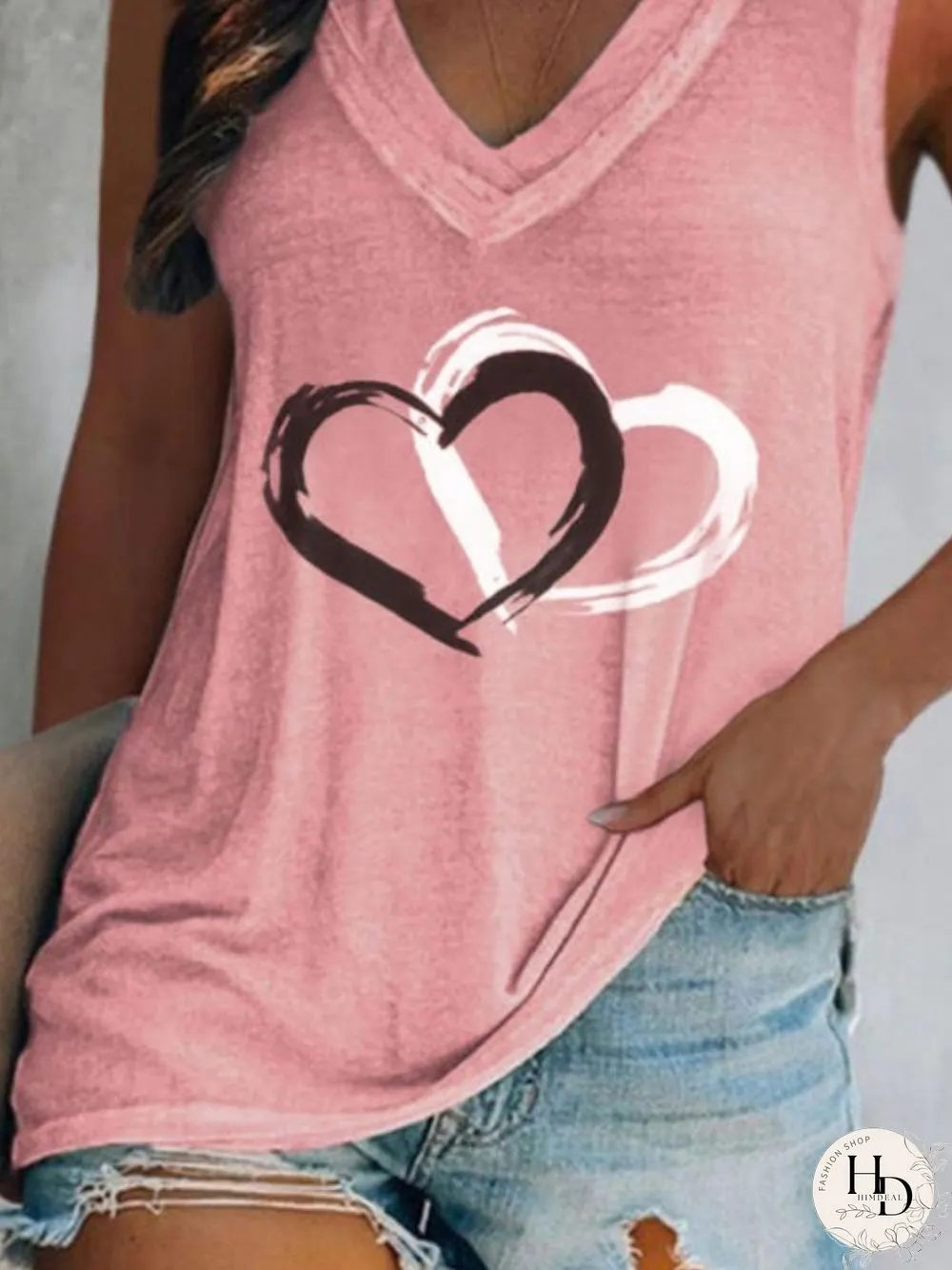 Casual Heart Sleeveless V Neck Plus Size Printed Tank Tops Top Vests