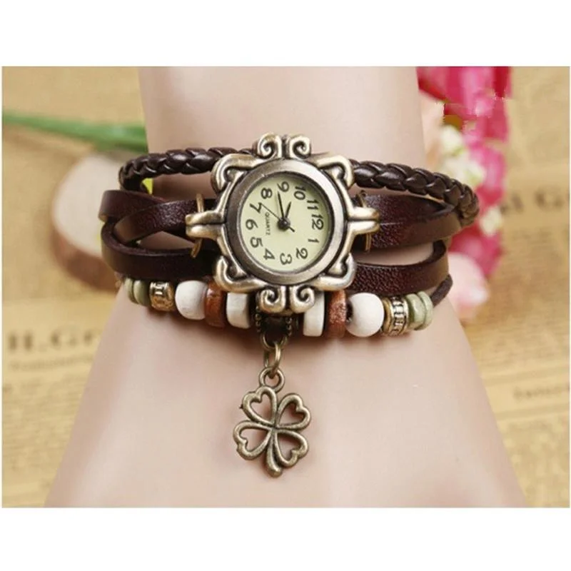 Women Fashion Vintage Four leaf clover Drop Leather Bracelet Watch Wrap Watch