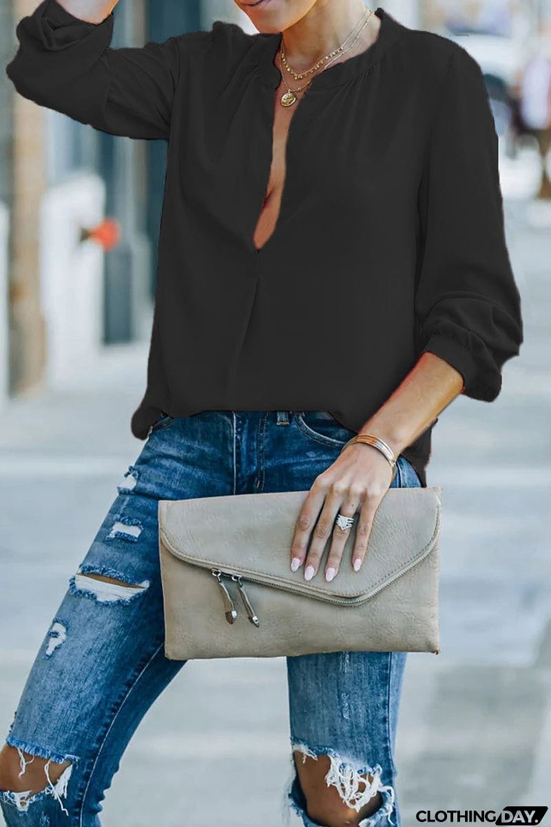 Casual Solid Fold V Neck Tops(6 Colors)