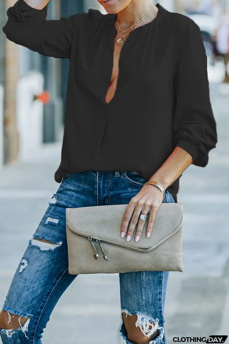 Casual Solid Fold V Neck Tops(6 Colors)