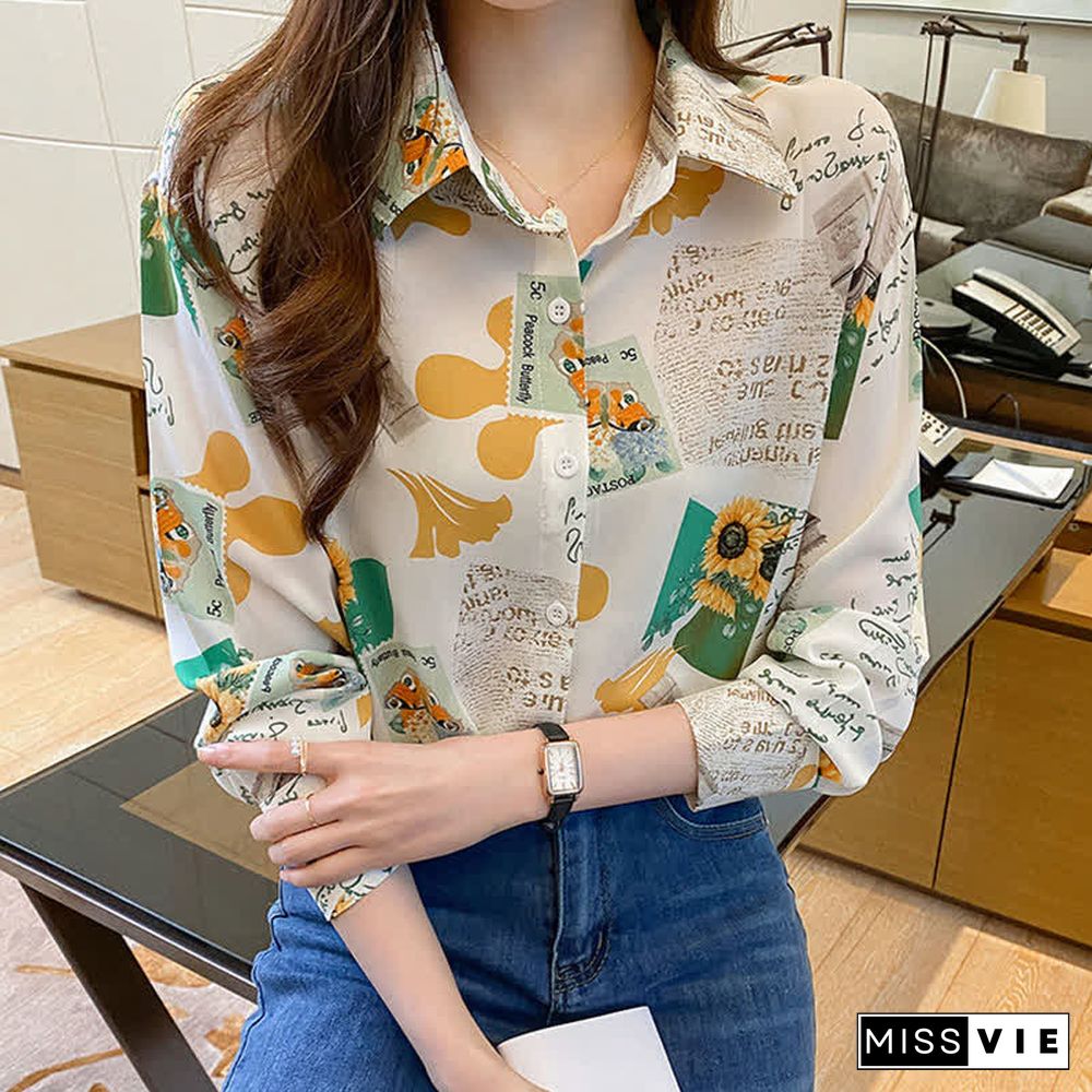 Vintage Floral Letter Print Long Sleeve Chiffon Shirt Workwear