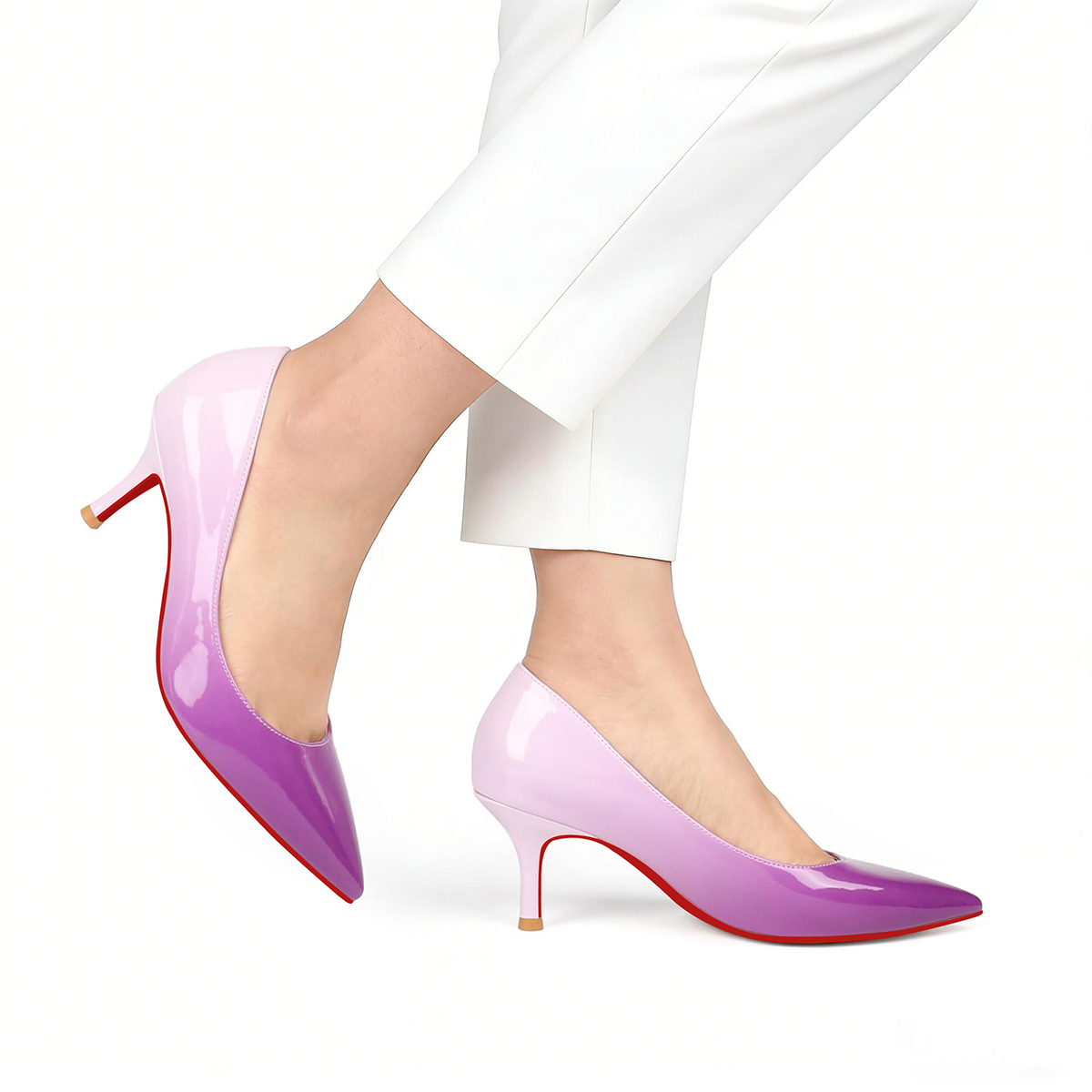 60mm Pointed Toe Red Bottom Kitten Heels Daily Gradient Colors Patent Pumps for Women-MERUMOTE