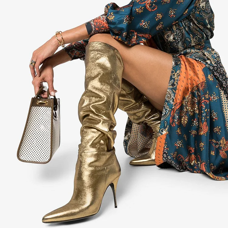 Gold Pointy Toe Stiletto Heel Knee High Slouch Boots for Women |FSJ Shoes