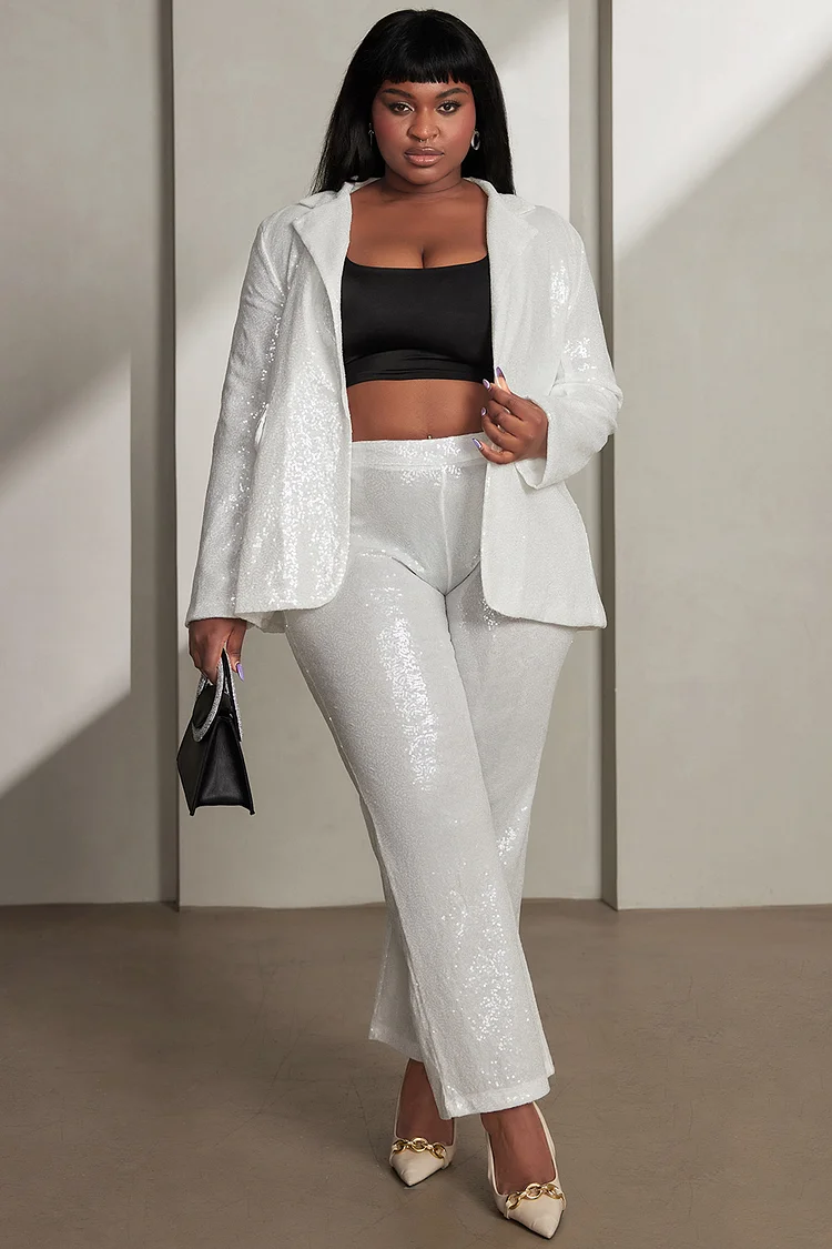 Xpluswear Design Plus Size Semi Formal Pant Sets Casual White Long Fall Winter Turndown Collar Long Sleeve Sequin Blazer Suit Two Piece Pant Sets [Pre-Order]