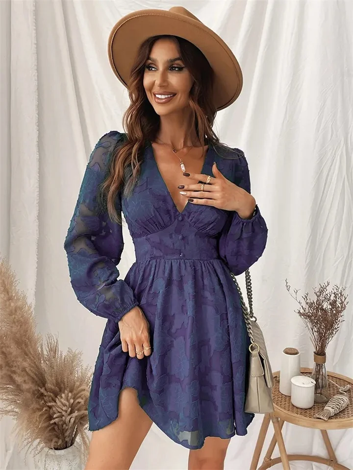 Low-cut A Word Mini Dress Female Green Purple Sexy Long-sleeved Party Dresses Spring and Autumn Female Halter Dresses-Cosfine