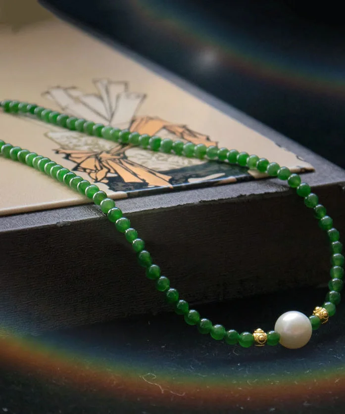 Classy Green Sterling Silver Overgild Pearl Beading Pendant Necklace