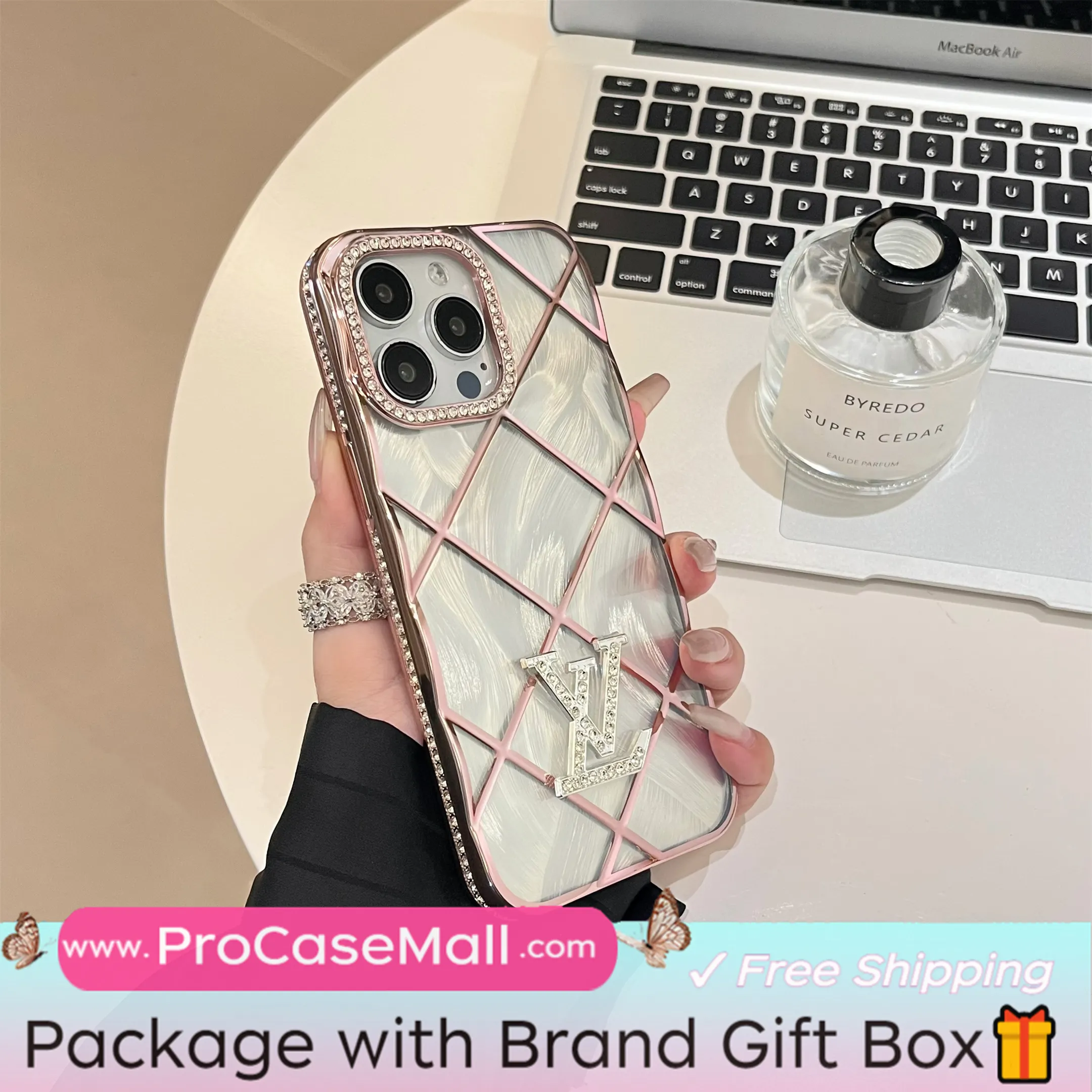 Radiant LV Diamond Monogram Label Diamond Plated Apple iPhone Case