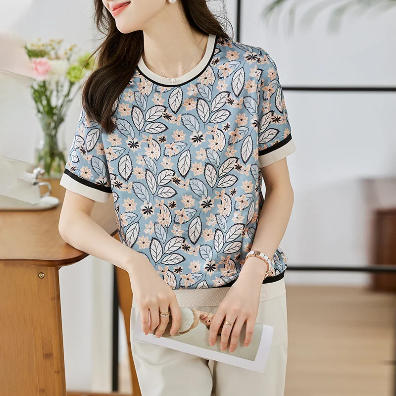 Toloer Toloer Shot Jacket Female Round Collar Short Sleeve 2023 Summer New Show Thin Print Simulation Silk Zou Temperament Half Sleeve T-Shirt-Outfit Ideas