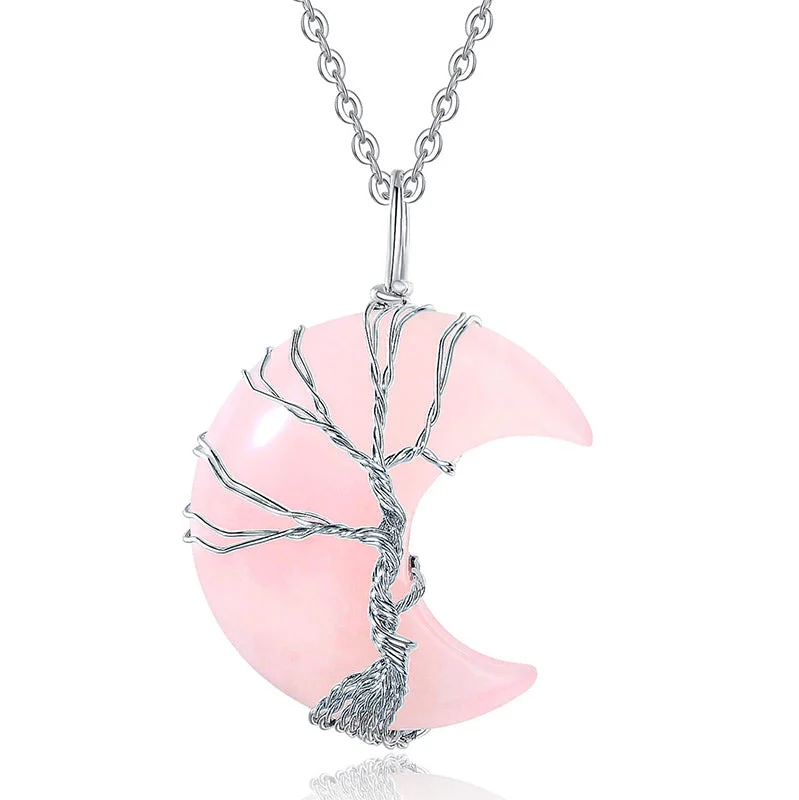 Natural Quartz Crystal Moon Tree Of Life Healing Energy Necklace Pendant