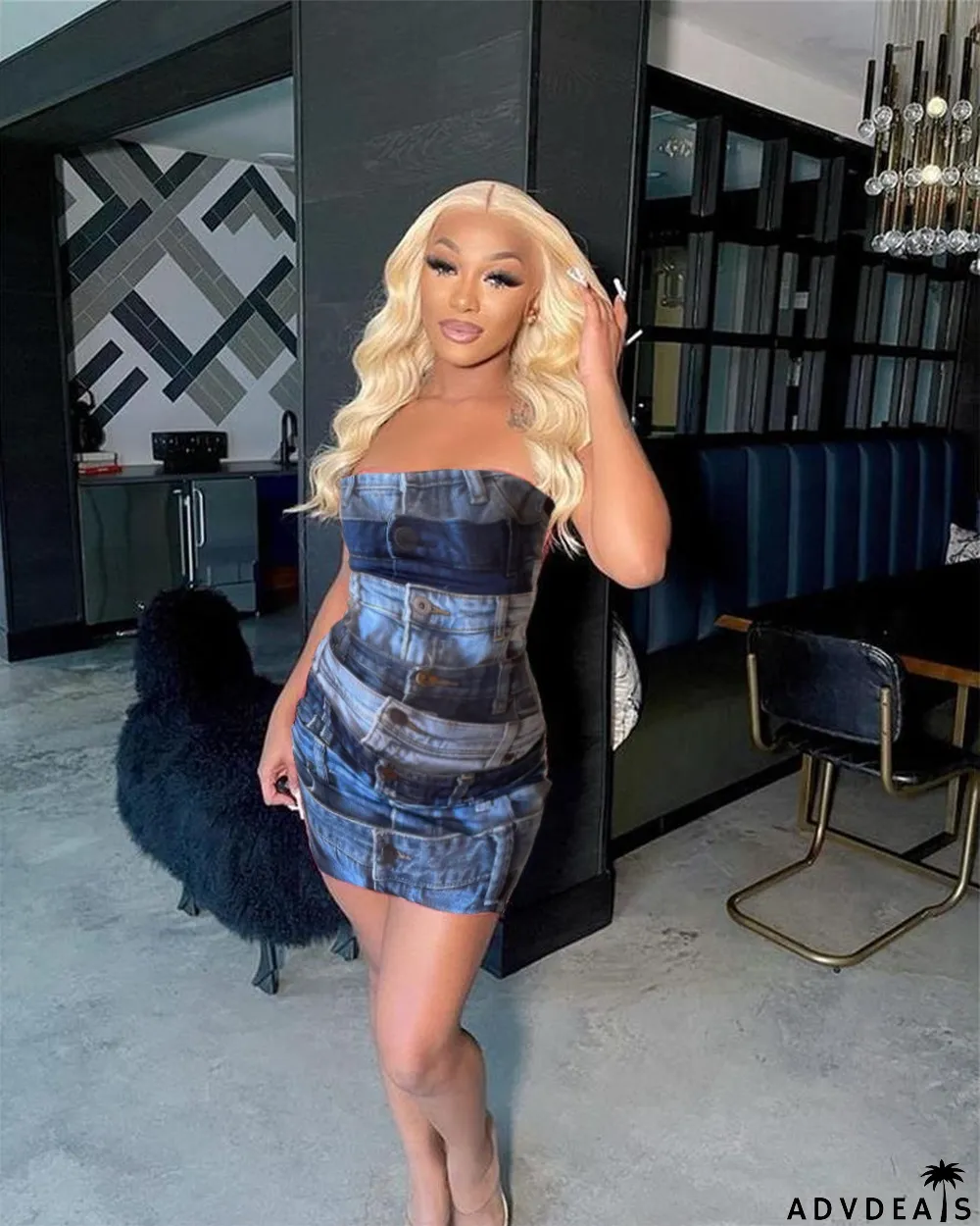 Women Fashion Prints Style Slim Fit Low Back Strapless Bodycon Dress