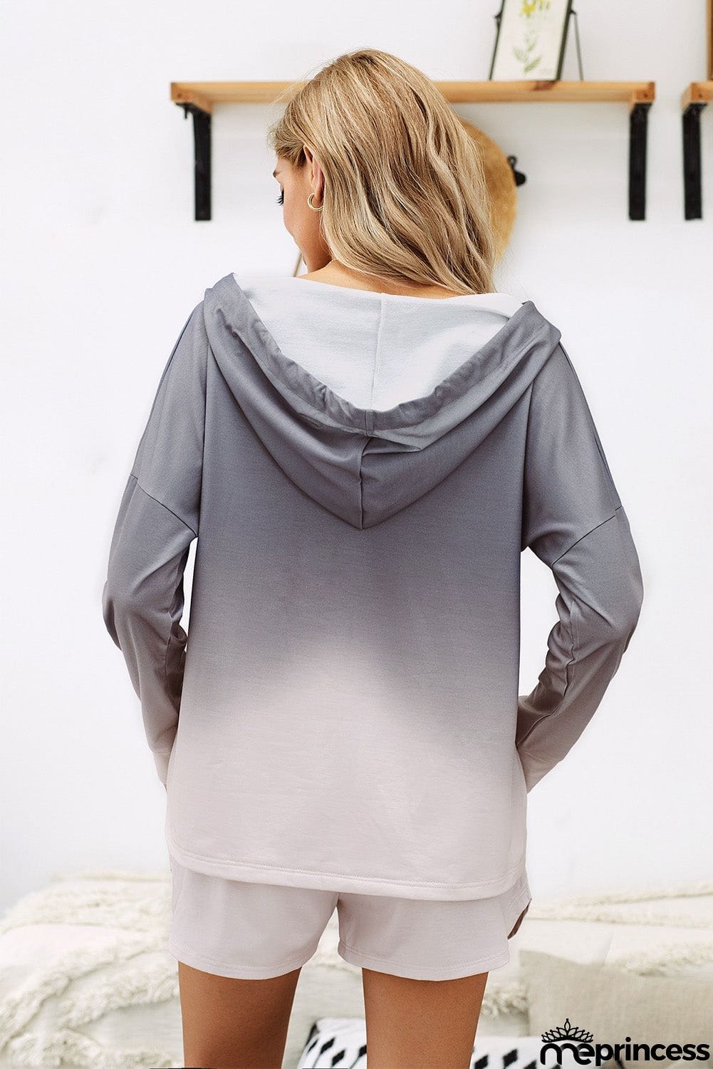 Gray Dip Dye Long Sleeve Hooded Lounge Sweatshirt Shorts Set