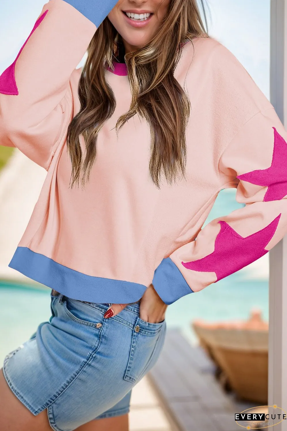 Star Contrast Round Neck Long Sleeve Sweatshirt