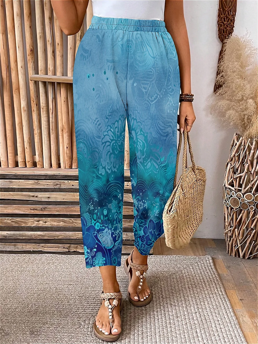 Plus Size Elastic Waist Turquoise,Floral,Bohemian Printed Pants