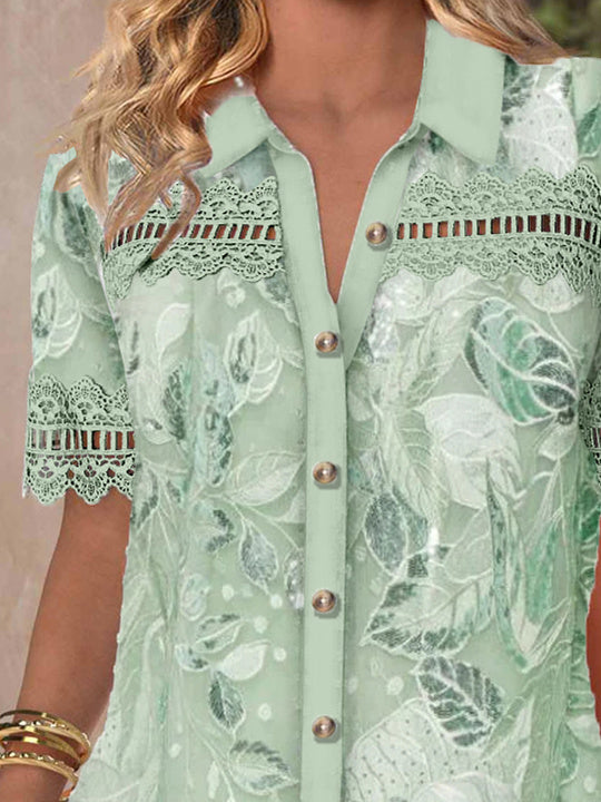 Women's Short Sleeve V-neck Lace Graphic Hollow Stitching Top