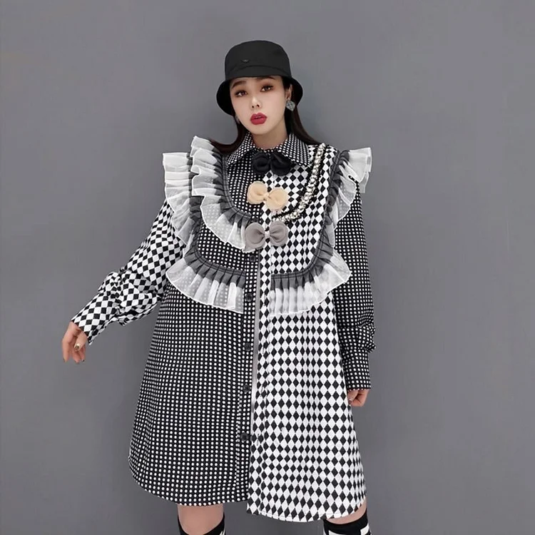 Loose Contrast Color Stand Collar Plaid Fungus Splicing Bow Shirt Dress 