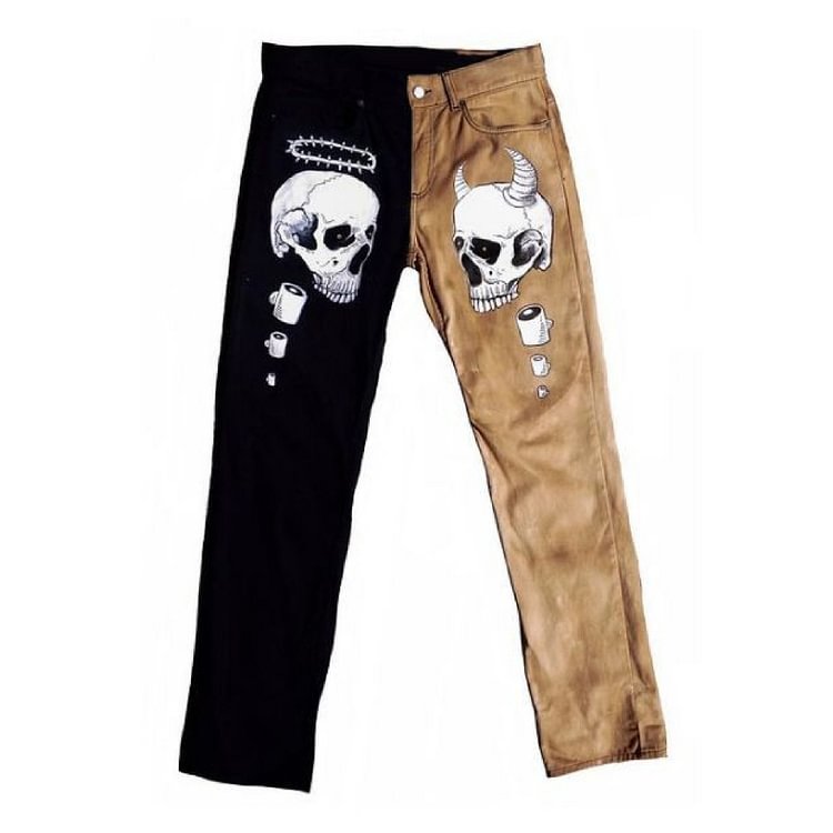 Contrast Asymmetric Angel and Demon Print Pants