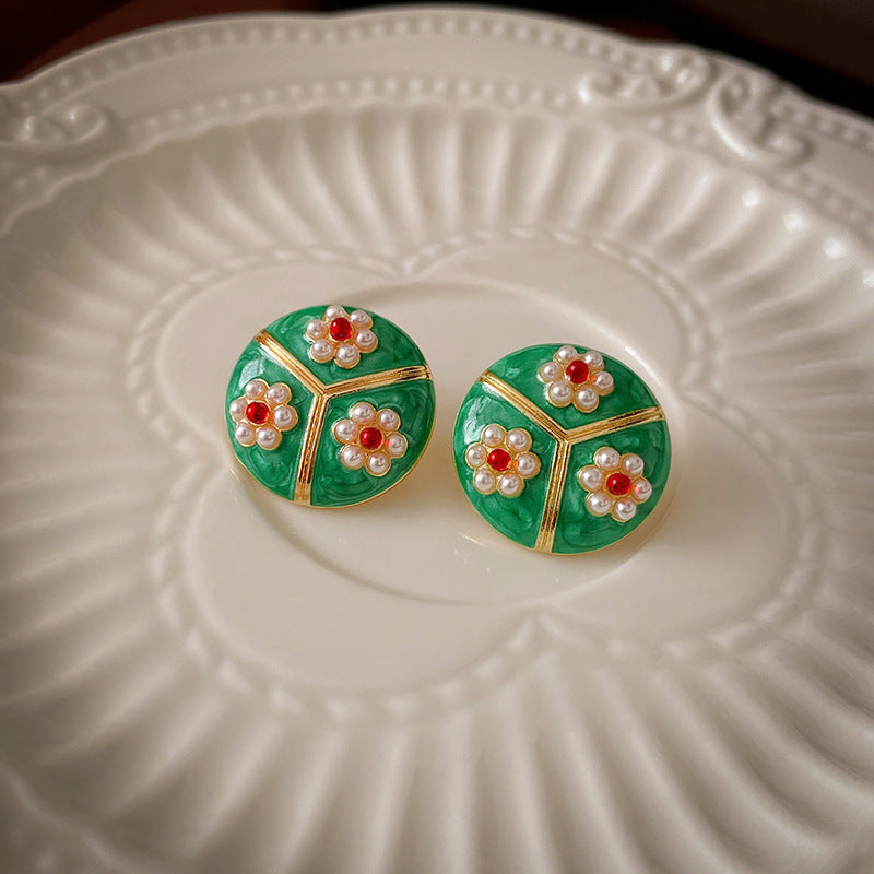 Medieval Flower Geometric Flower Alloy Oil Dripping Stud Earrings