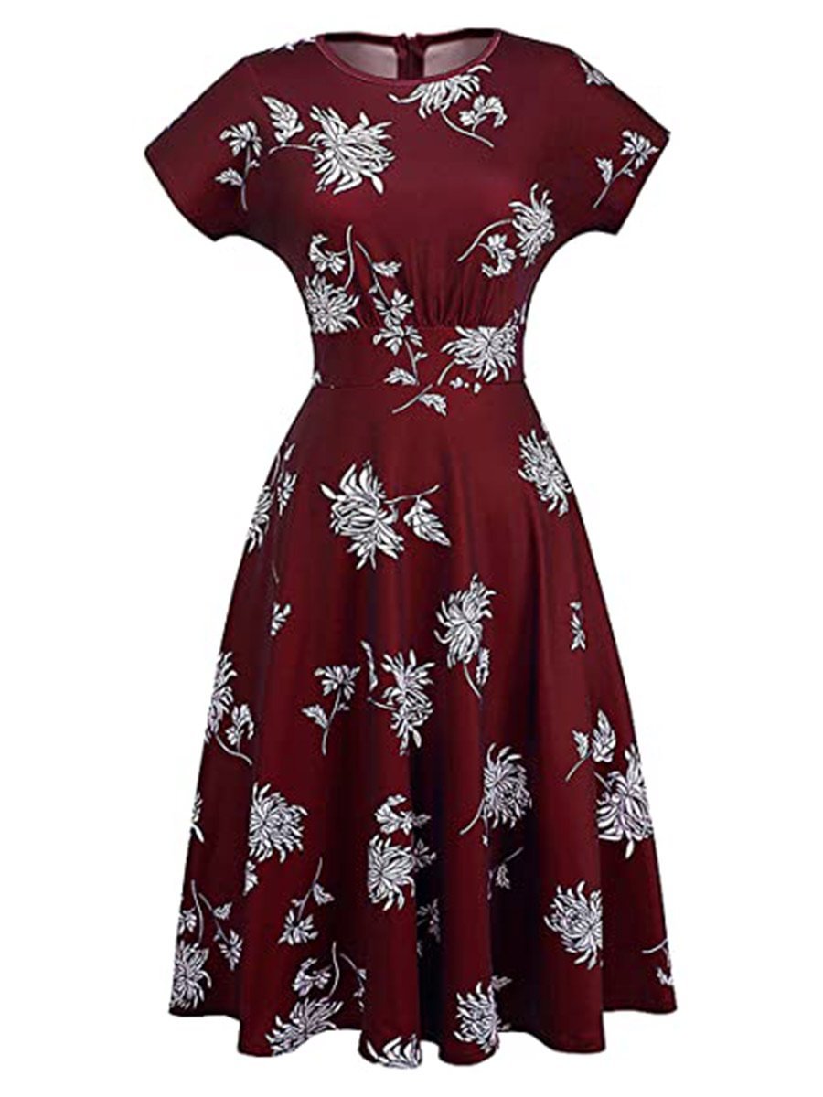 Women's Floral Dress Ruched Waist O-Neck Short Sleeve A Line Dress