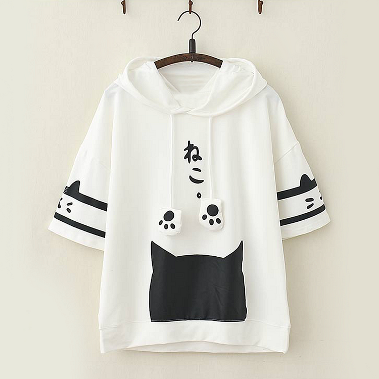 Kawaii Cat Paw Drawstring Summer Hooded T-shirt