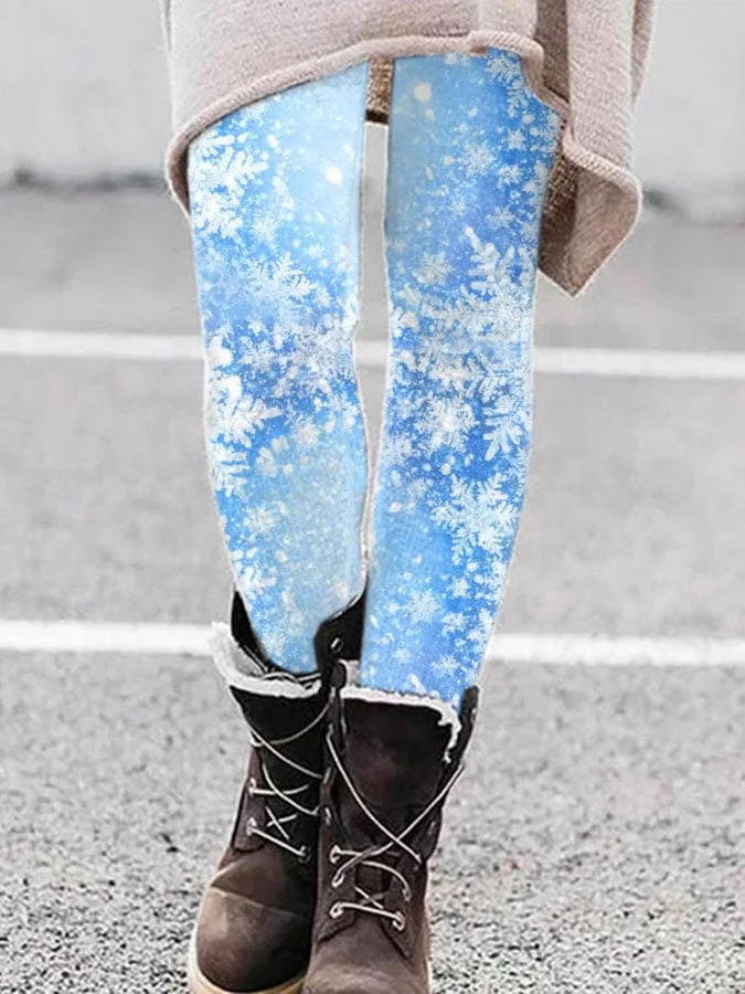 Casual Blue Snowflake Print Leggings