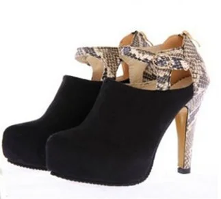 Black and Python Fashion Boots Chunky Heel Ankle Booties |FSJ Shoes