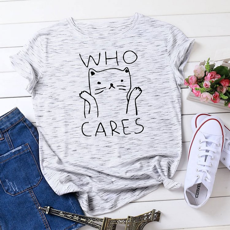 WHO CARES Letter Kitty Print Cotton T-Shirt - Modakawa 