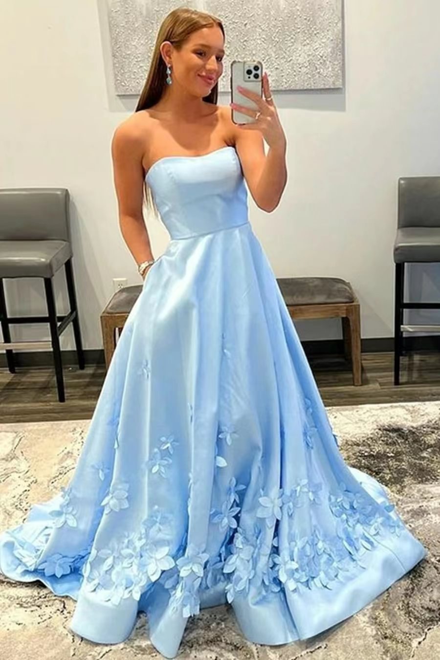 Gorgeous Baby Blue Strapless Sleeveless Appliques Evening Dress Online |Ballbellas Ballbellas