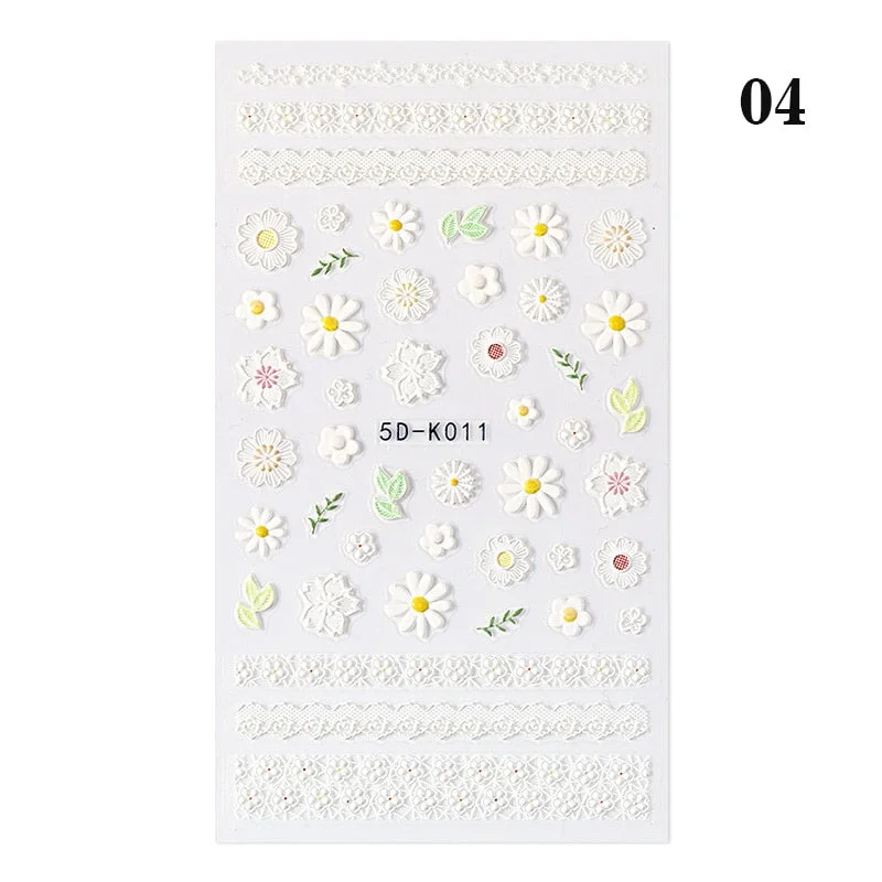 1PC French 5D Nail Sticker Embossed Flower Bubble Pattern Self-Adhesive Slider Wedding Design Nails Decals Nail Art Decoration-Nail Inspo