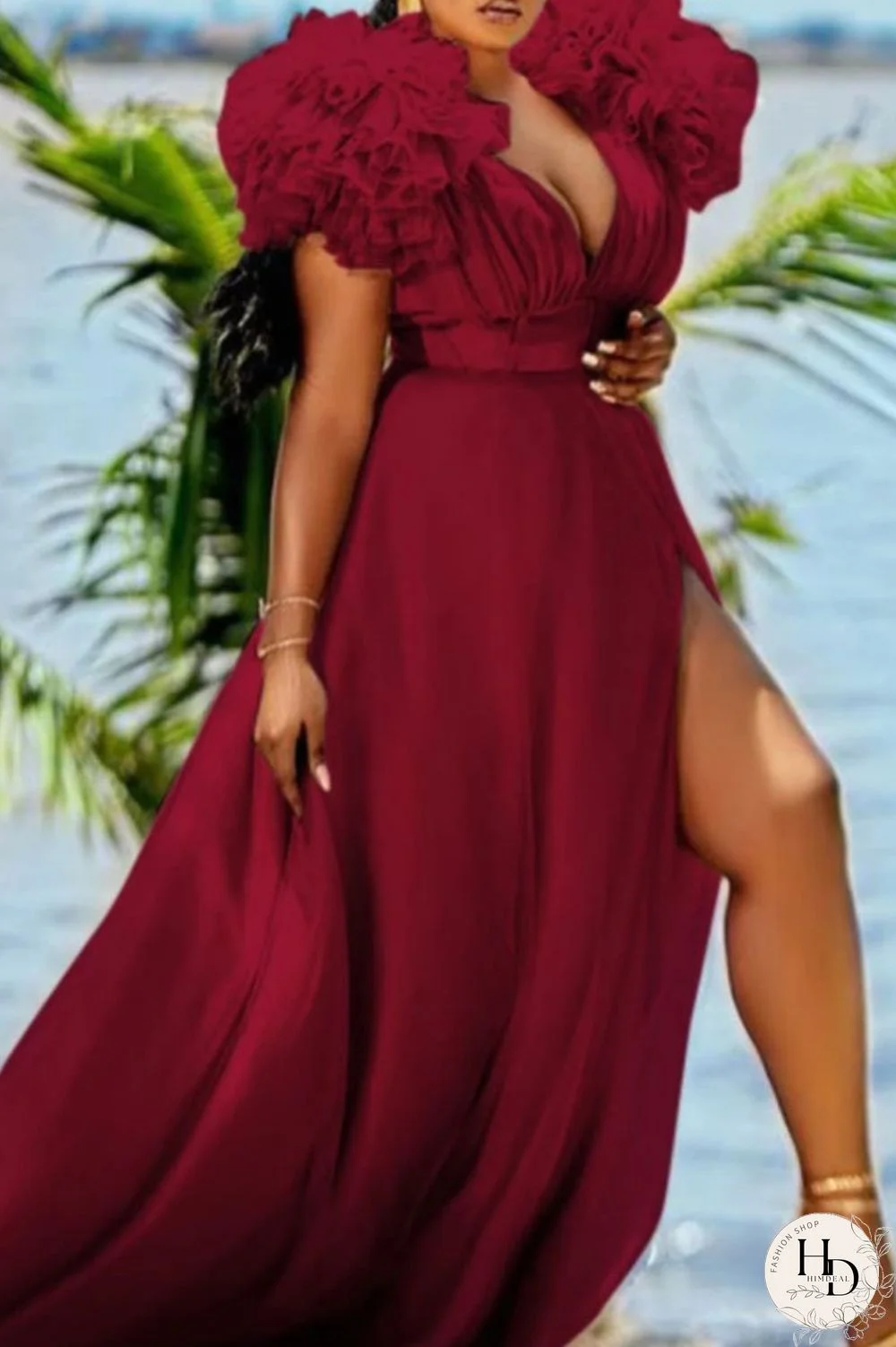 Rose Red Sexy Elegant Solid Patchwork V Neck Evening Dress Plus Size Dresses