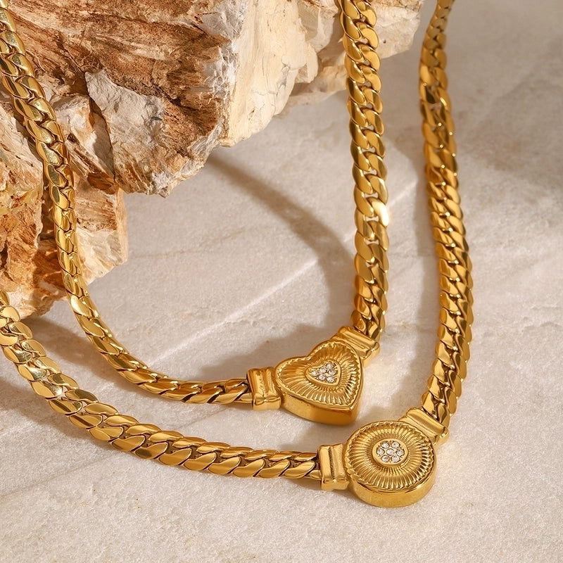 18K Gold Stainless Steel White Diamond Diamond Rib Heart Pendant Chain Necklace