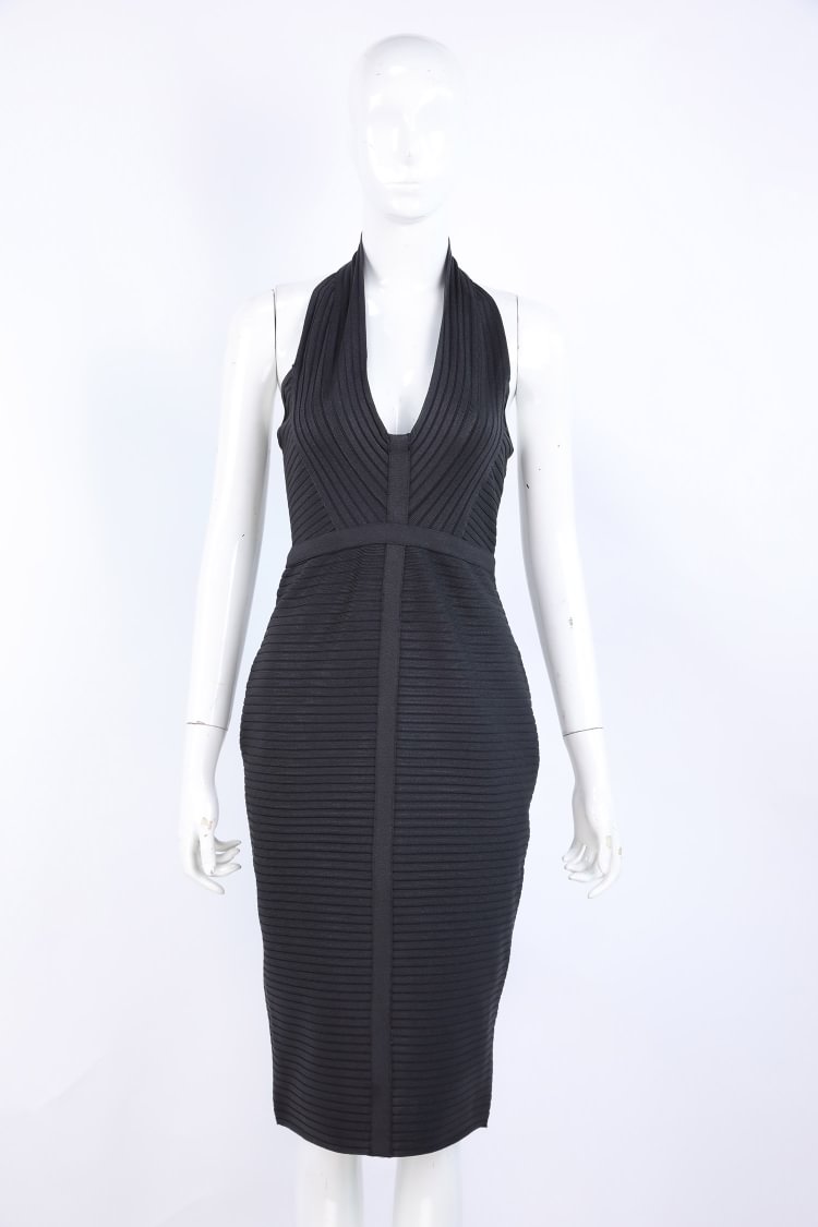 Black Halter Striped Bandage Dress Size L