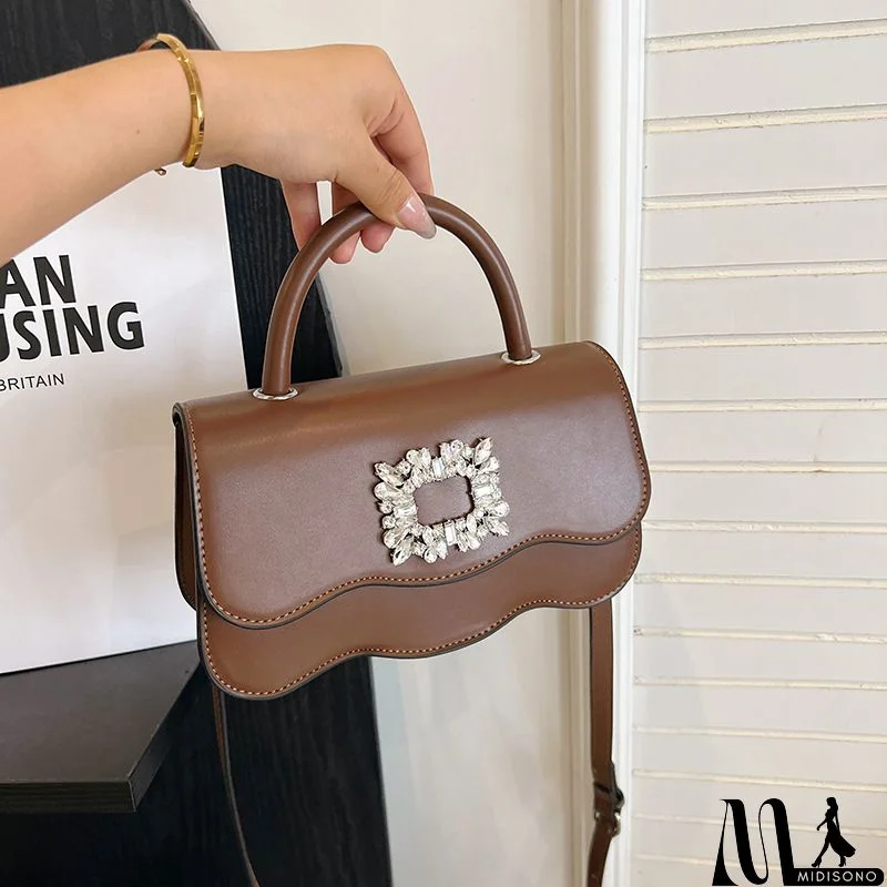 MidiSono - Women Fashion Solid Color Rhinestone Flap Bag With Wavy Edge PU Handle Crossbody Bag