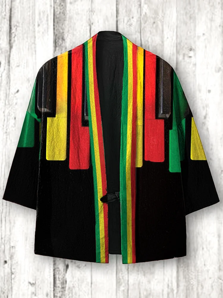 Comstylish Men's Reggae Music Print Linen Blend Kimono Cardigan