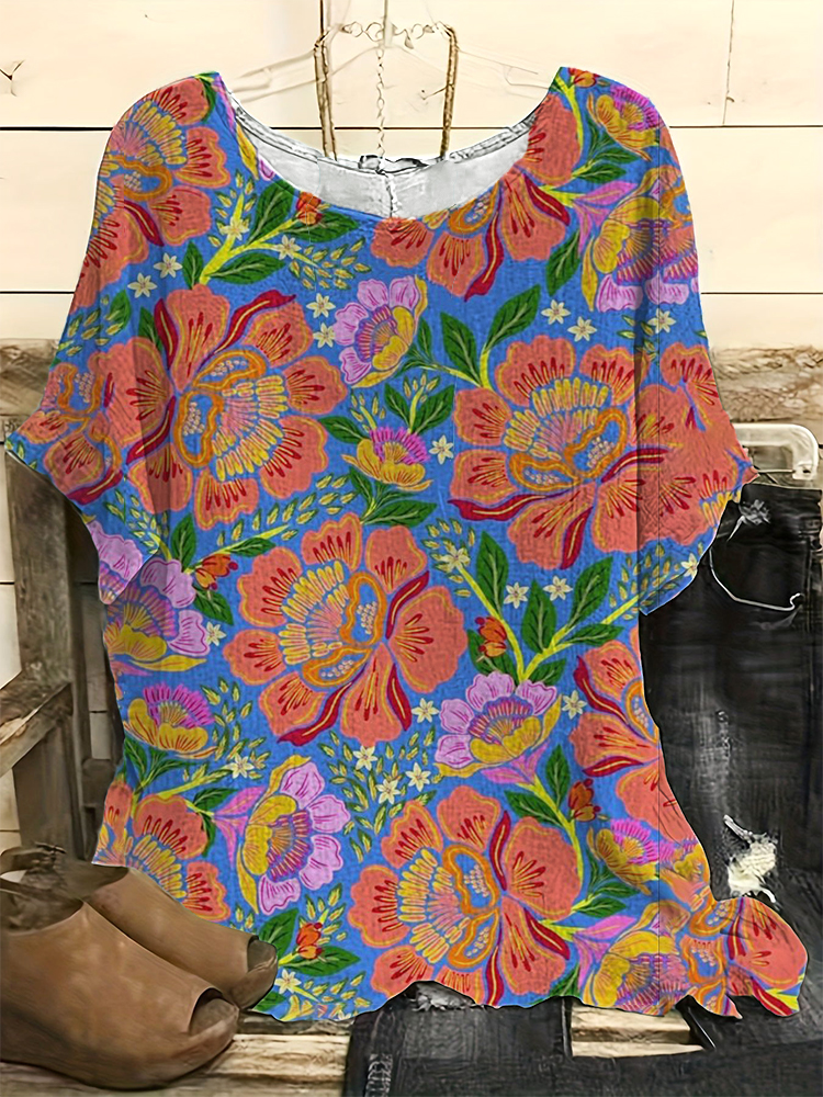 Vintage  Floral  Print Casual Linen Blend Shirt