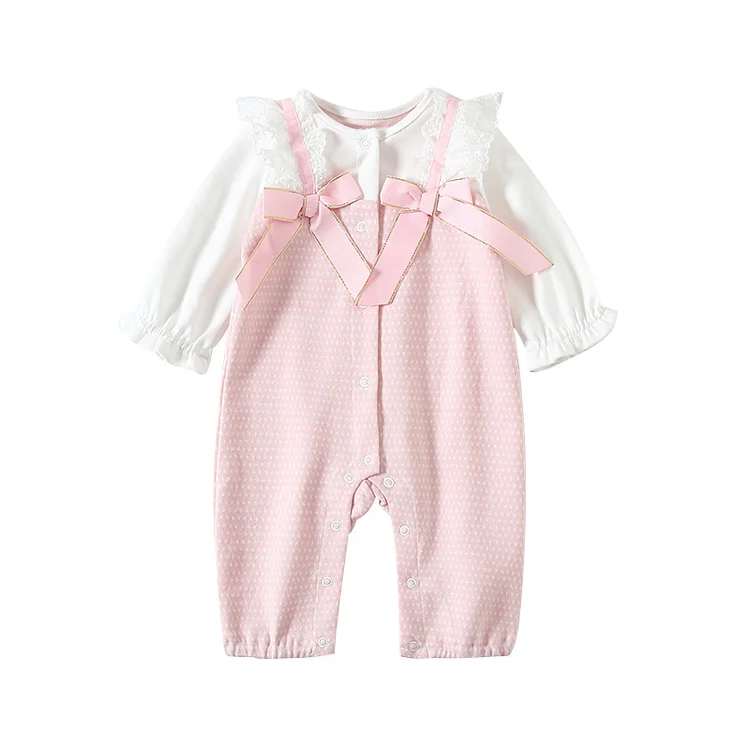 Baby Girl Long Sleeves Onepeice Pink White Bow Romper