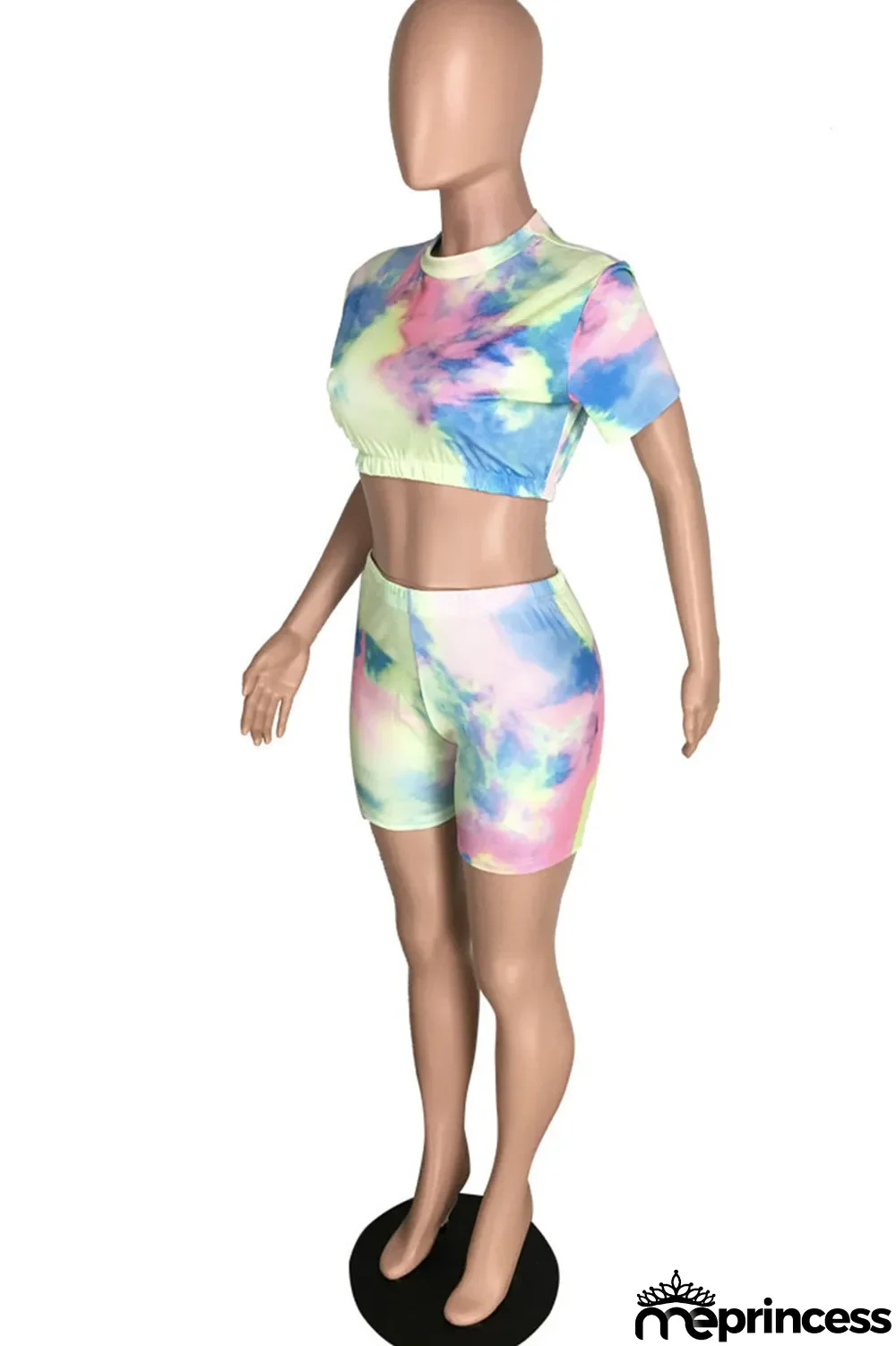 Multicolor Sexy Print Tie-dye O Neck Short Sleeve Two Pieces