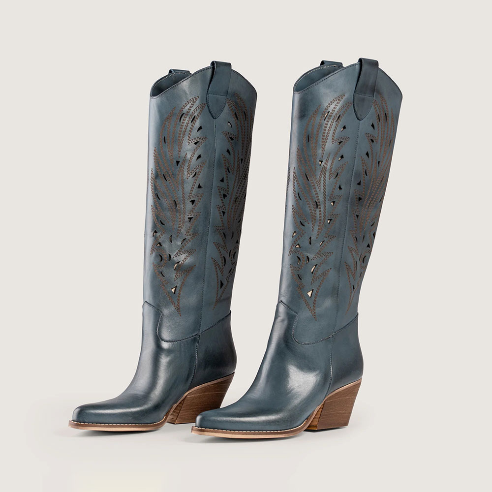 Navy Embroidered Block Heel Knee-High Cowboy Boots for Women Nicepairs