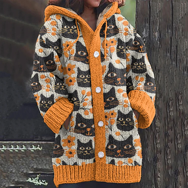 Floral Black Cat Pattern Cozy Hooded Cardigan