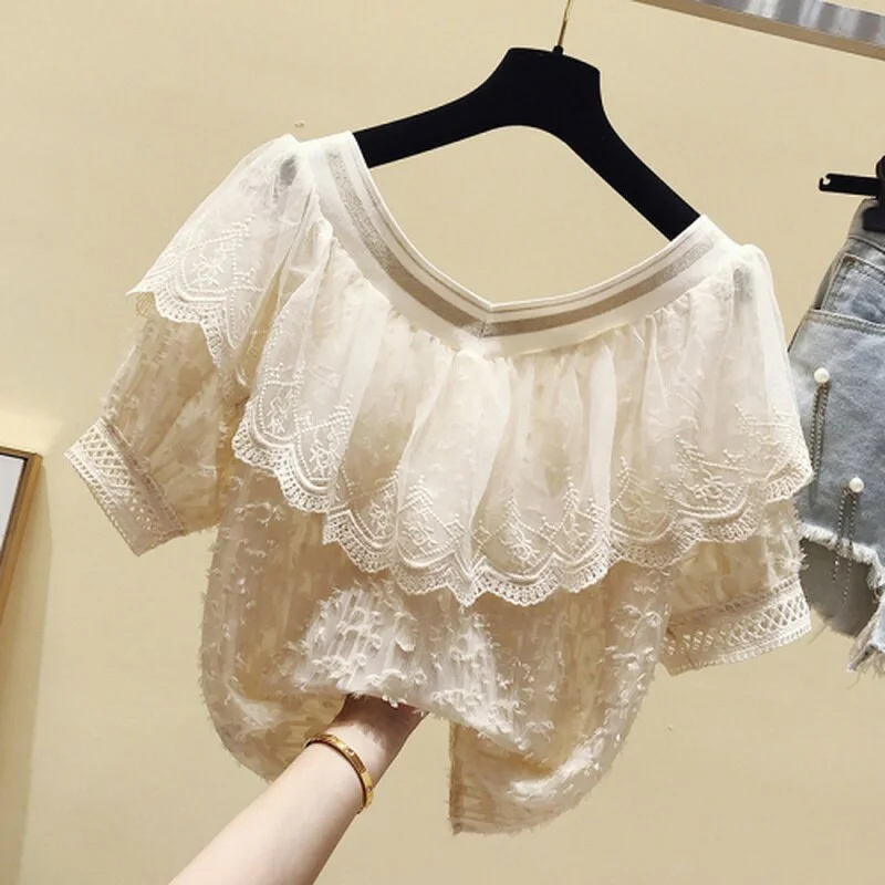 Summer Lace Blouse Women New Short Sleeve Ruffle Stitching Chiffon Shirt V-neck Slim Sweet Solid Korean Chic Tassel Tops 13497