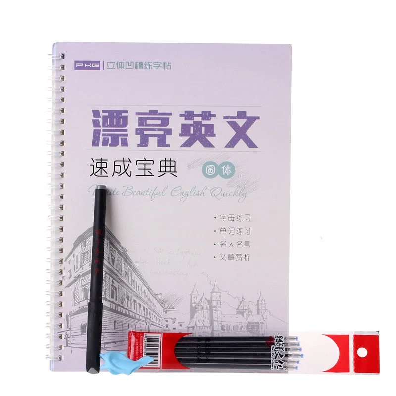 3D Round English Reusable Groove Copybook Erasable pen English for Adult Children Exercises Calligraphy Practice Book libros